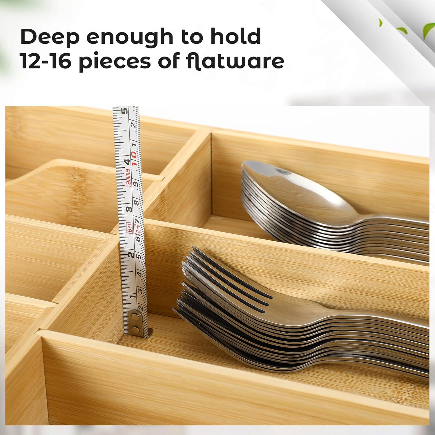 Fabsome Silverware Organizer for Kitchen Drawers, 2.5'' Deep 12.8'' Wide Bamboo Wood Flatware Tray