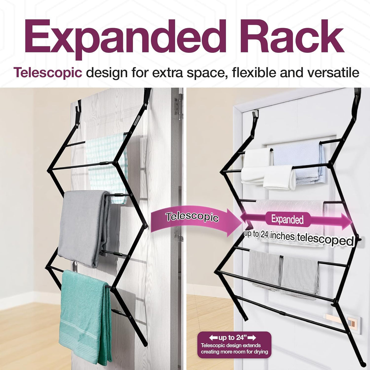 BLACK+DECKER Over The Door Expandable Telescopic Drying Rack, Clothes Organizer, Towel Hanger