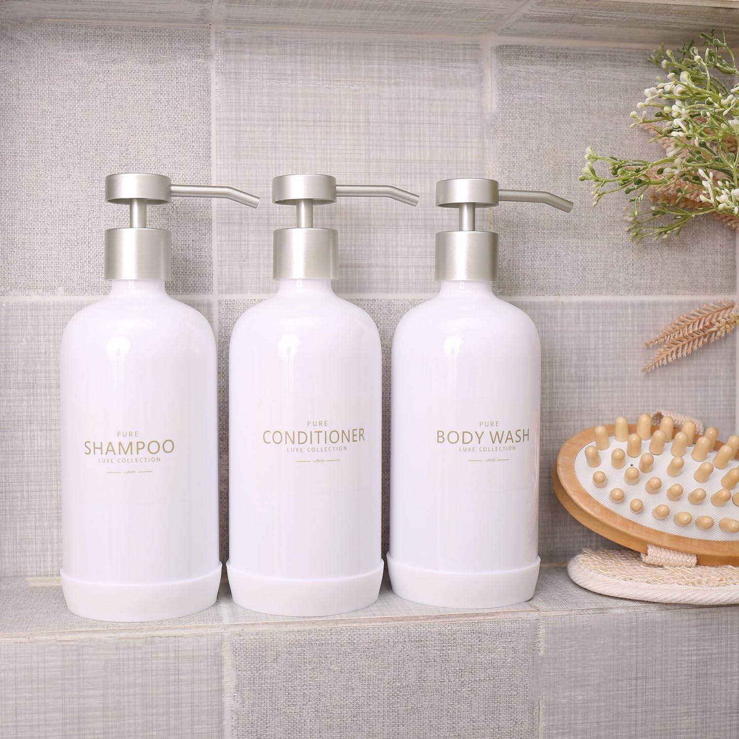 Shampoo and Conditioner Dispenser Set of 3,Refillable 21oz Shampoo Bottles with Non-Slip Protective
