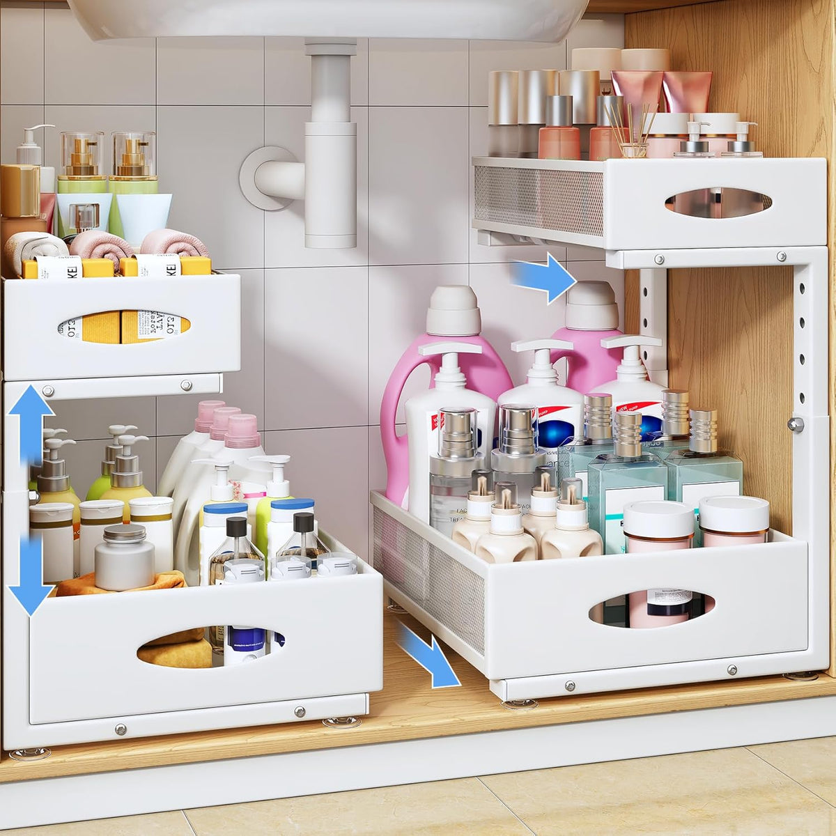 Under Sink Organizer, 2 Tier Pull Out Under Cabinet Organizer Shelf with Pad for Framed Cabinets