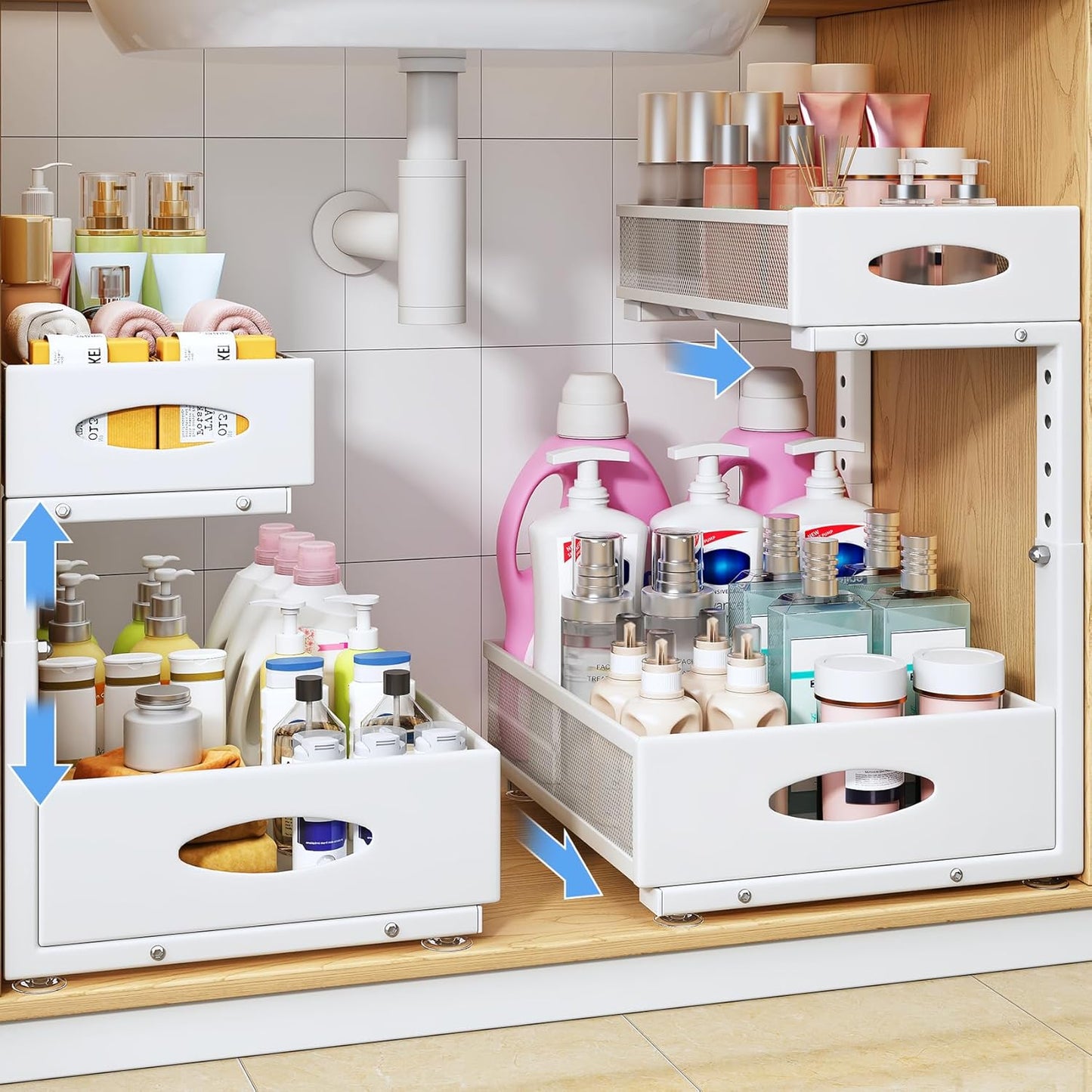 Under Sink Organizer, 2 Pack 2 Tier Pull Out Under Cabinet Organizer Shelf with Pad for Framed