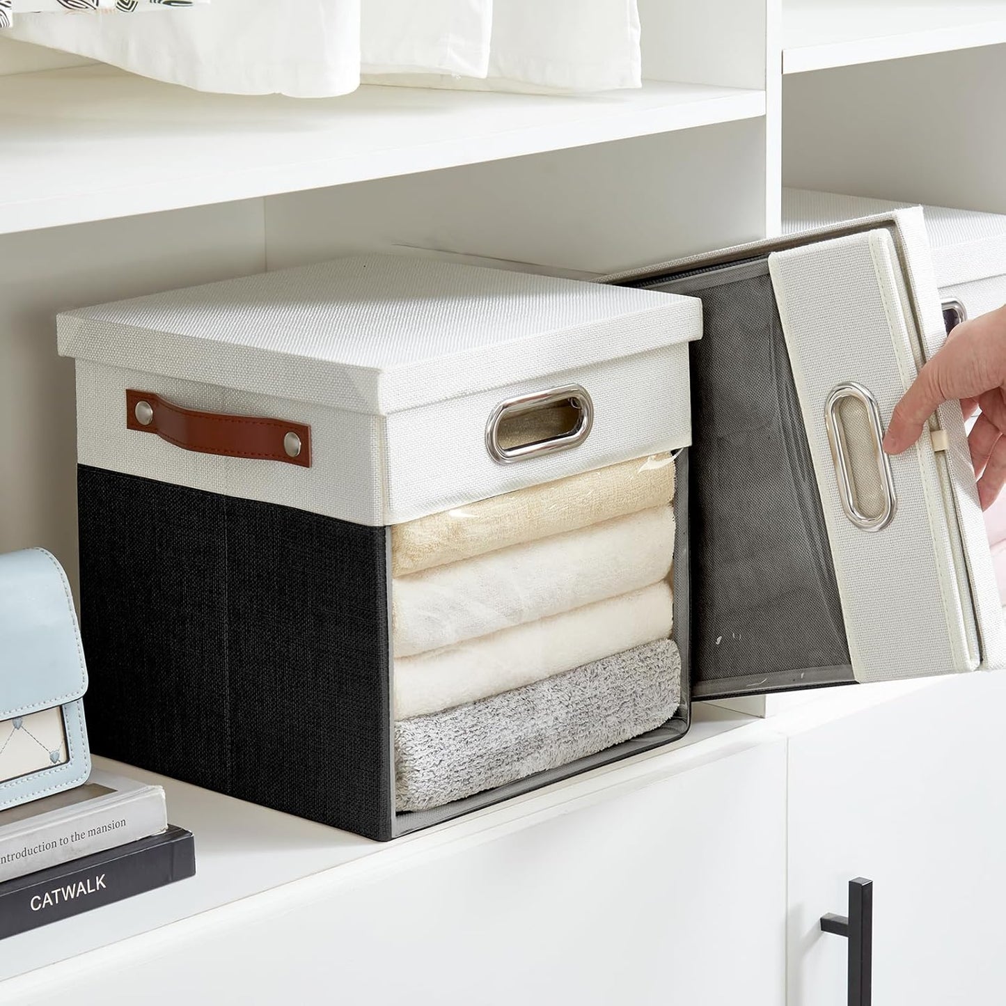 Fabric Storage Cubes with Clear Windows and Lids 11'' Foldable Storage Bins with 3 Handles
