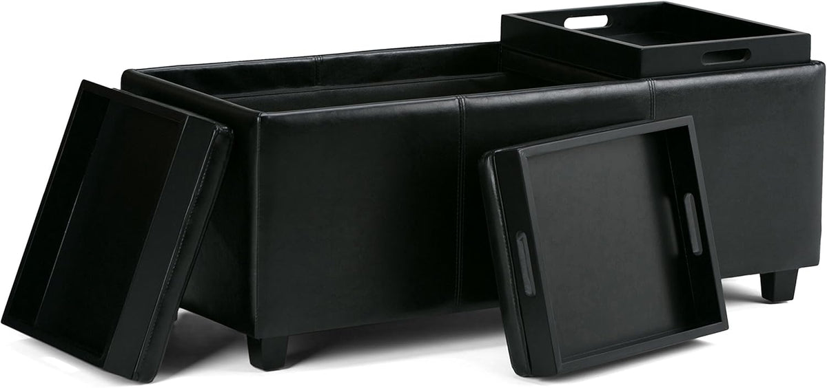 SIMPLIHOME Avalon 42 inch Wide Contemporary Rectangle Storage Ottoman in Midnight Black Vegan Faux