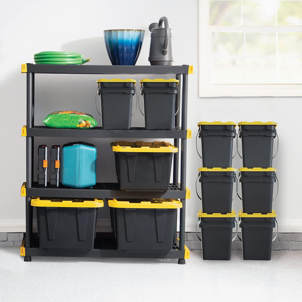 CX Black & Yellow, Shelving Unit and Heavy Duty Storage Containers, Extremely Durable (Shelf + 27