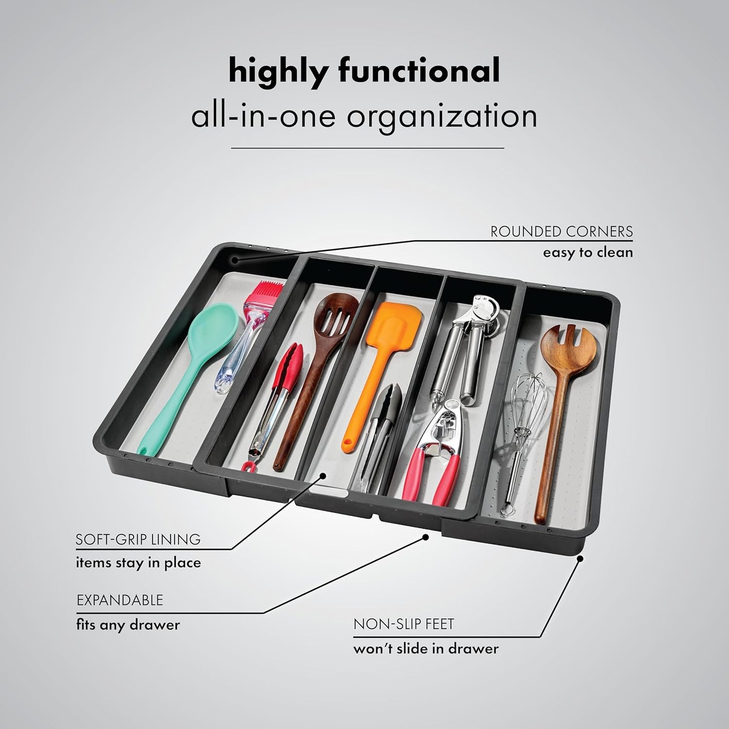 madesmart Expandable Utensil Tray - Granite| CLASSIC COLLECTION| 5-Compartments | Kitchen Organizer