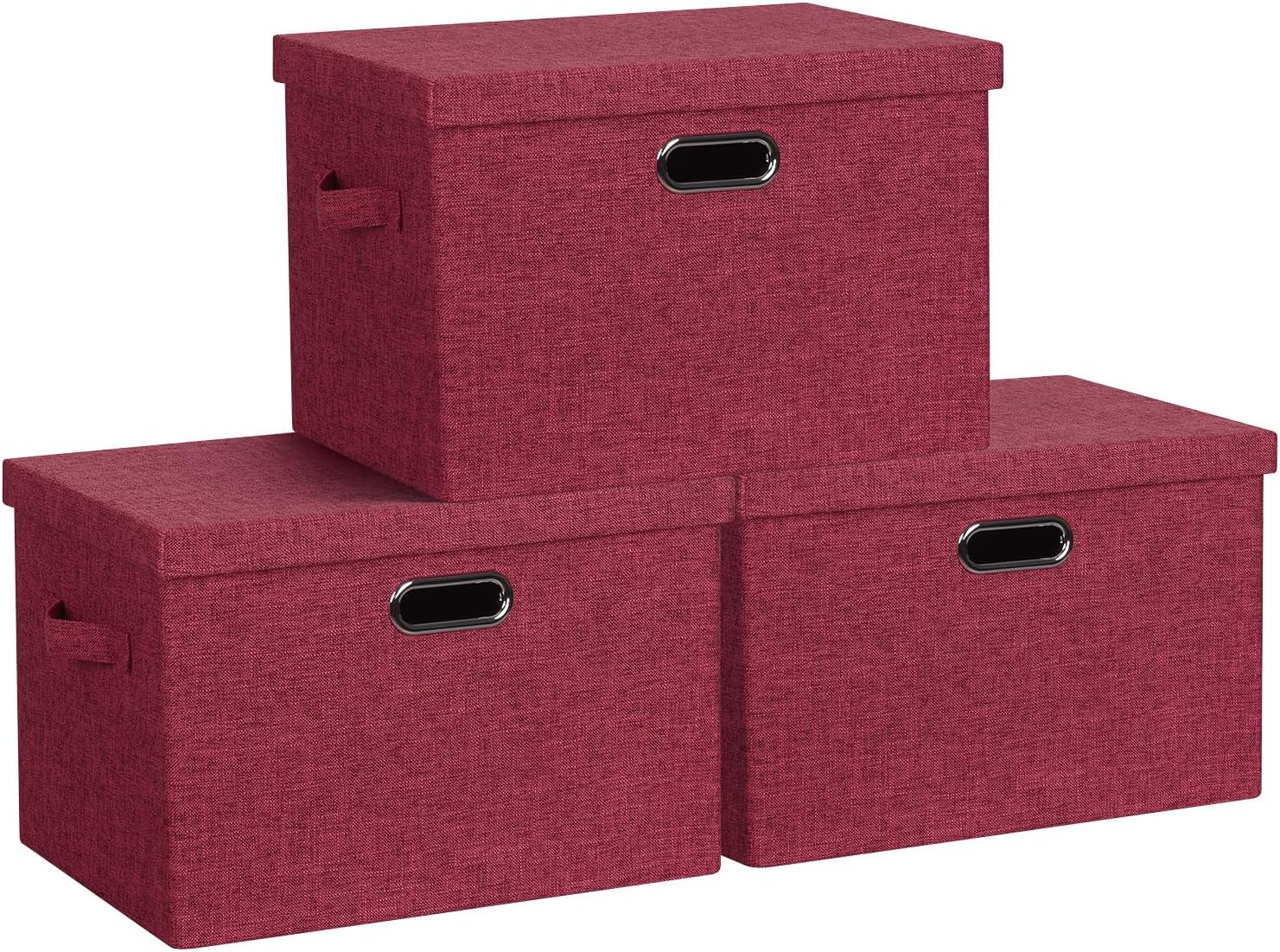 Large 17" 36 Quart Collapsible Stackable Storage Bins with Lids, 3 Packs Bright Red Linen Fabric