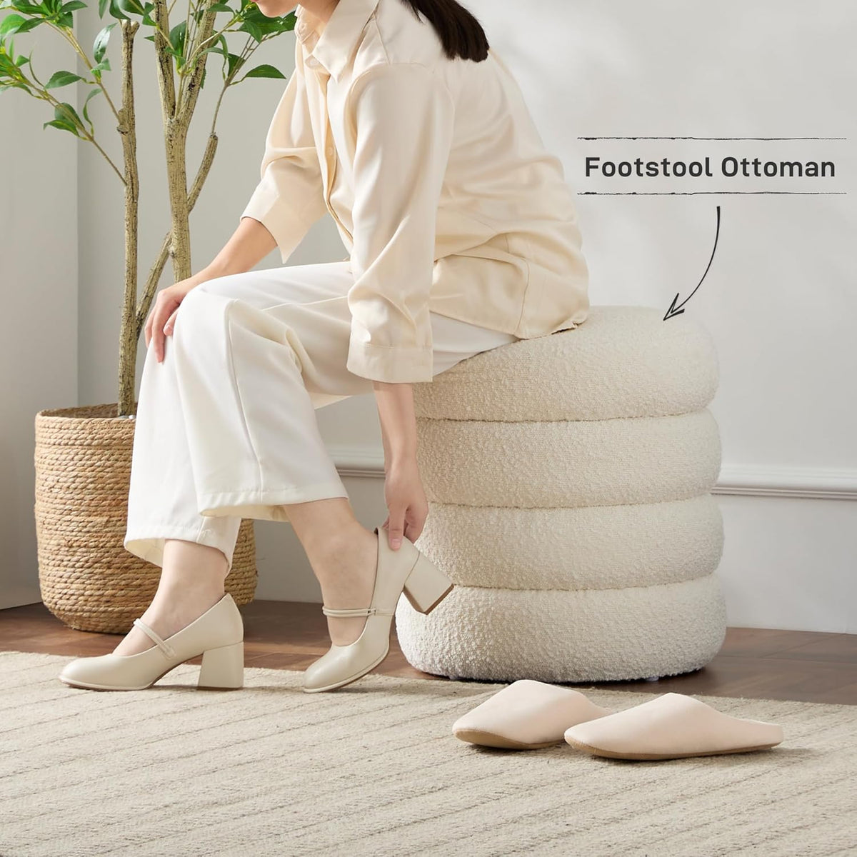 Round Ottoman with Storage Boucle Ottoman Stool with Storage Removable Lid for Living Room Modern