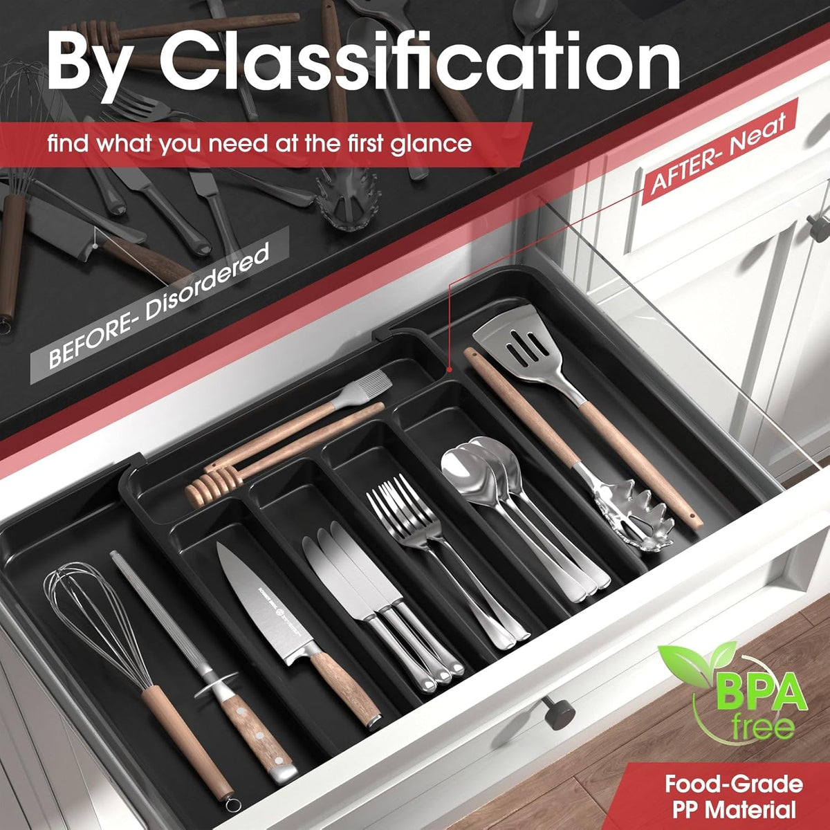 Aujen Silverware Organizer - Expandable Kitchen Drawer Organizer, Adjustable Utensil Organizer