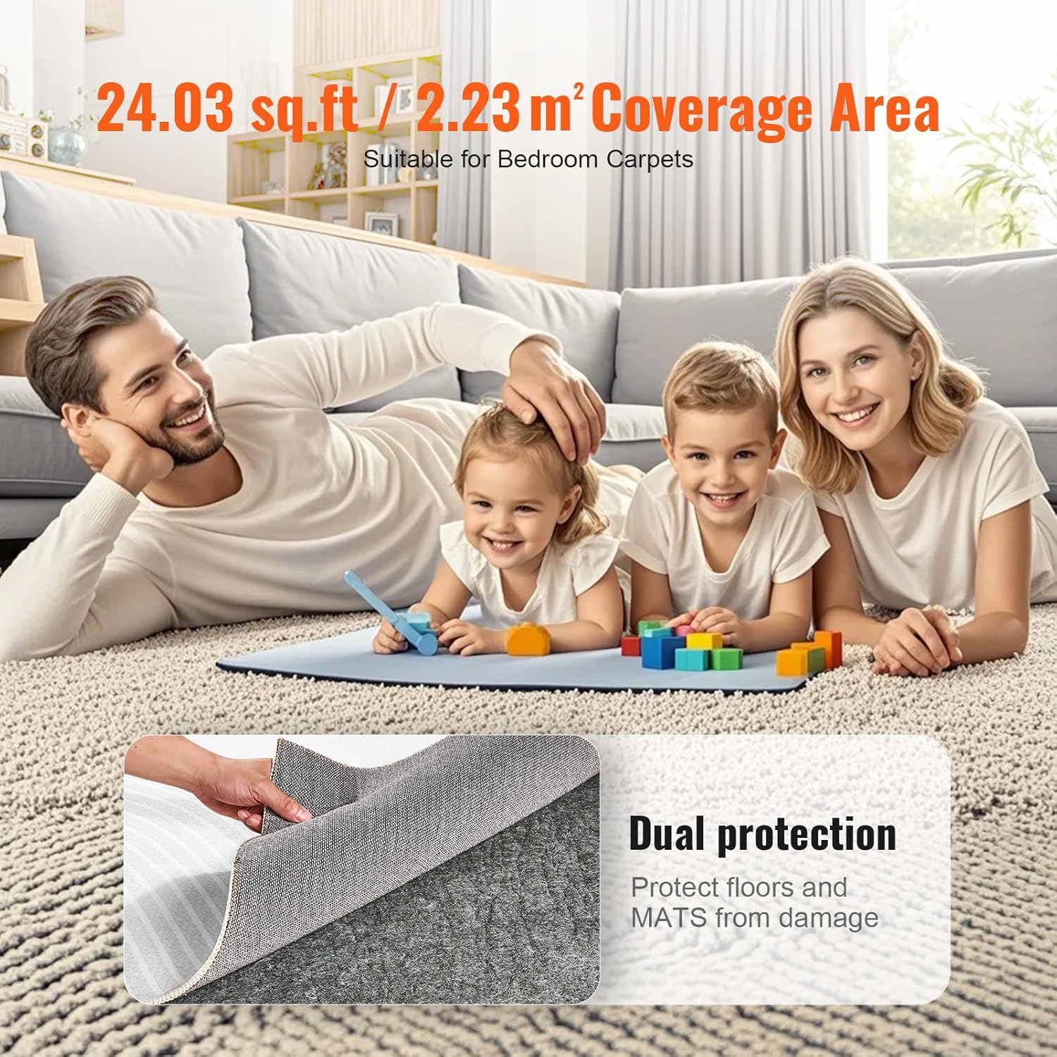 VEVOR Non-Slip Resistant Rug Pad, Protective Cushioning Carpet Pad, 2'x8' (7.875' Actual), 1/4"