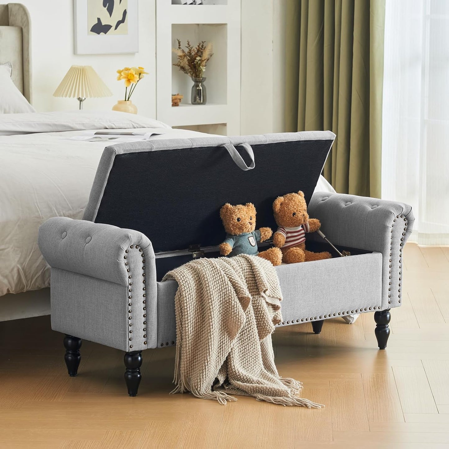 Furnimart Storage Ottoman Bench for Queen Size Bed, Faux Linen Upholstered Storage Bench Accent