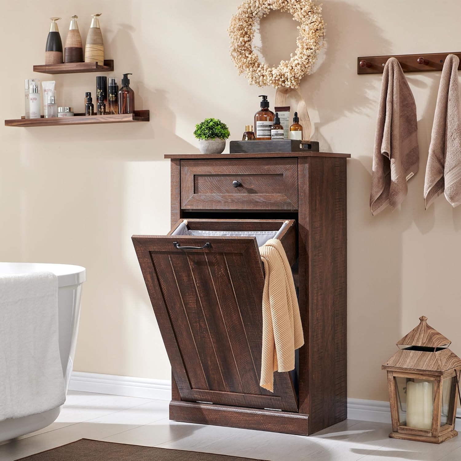 Tilt Out Laundry Hamper Cabinet, 10 Gallon Farmhouse Trash Can Cabinet with Drawer, Hidden Wood
