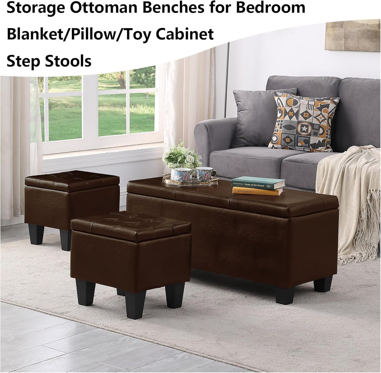 Ottoman with Storage Set of 3, 38'' Button Tufted Storage Ottoman with 2 Stools, Easy Open & Close