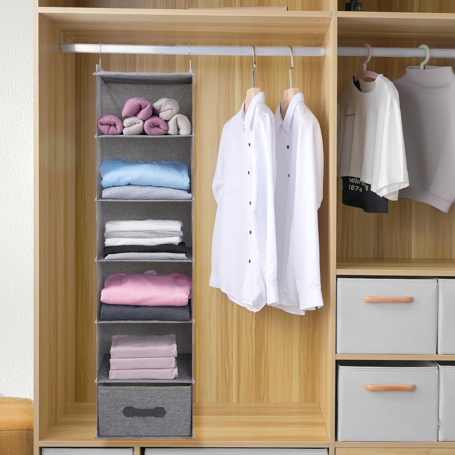 Large Hanging Sweater Organizer for Closet,Collapsible 6-Shelf Hanging Closet Shelves with Drawers