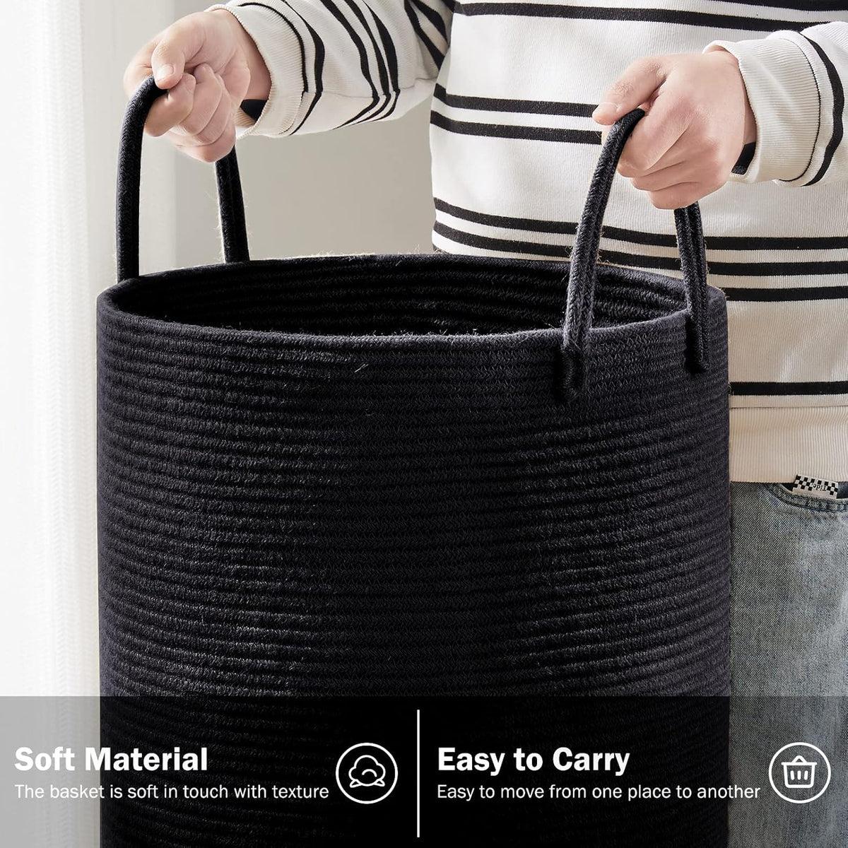 YOUDENOVA Woven Rope Laundry Hamper Basket, 72L Tall Luandry Basket, Baby Nursery Hamper for