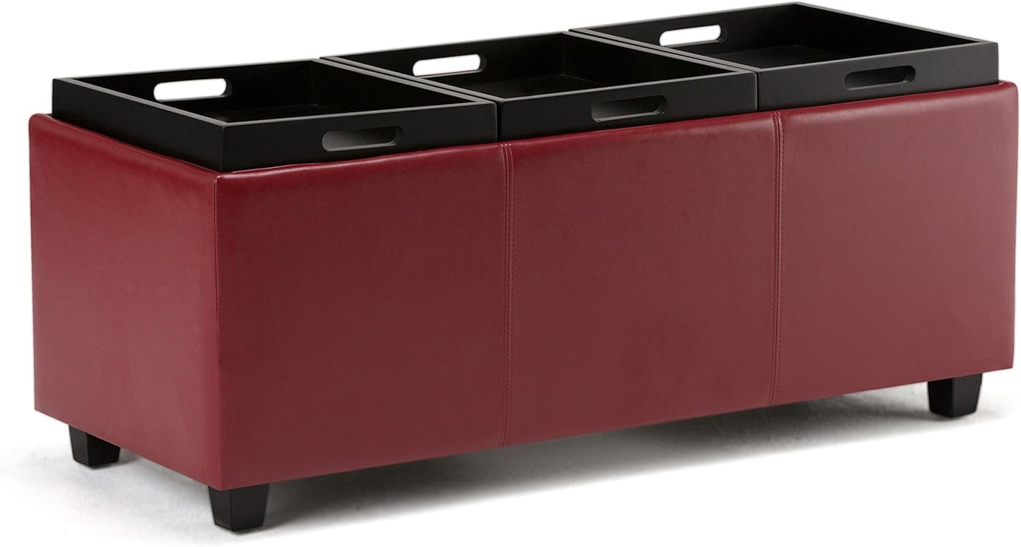 SIMPLIHOME Avalon 42 inch Wide Contemporary Rectangle Storage Ottoman in Red Vegan Faux Leather