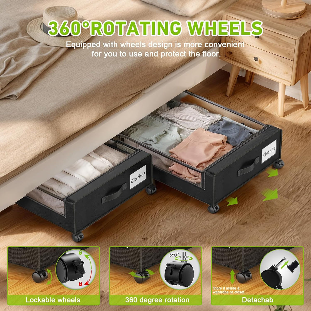 Under Bed Storage with Wheels, 2-Pack Under the Bed Storage Containers with Clear Lids & Label