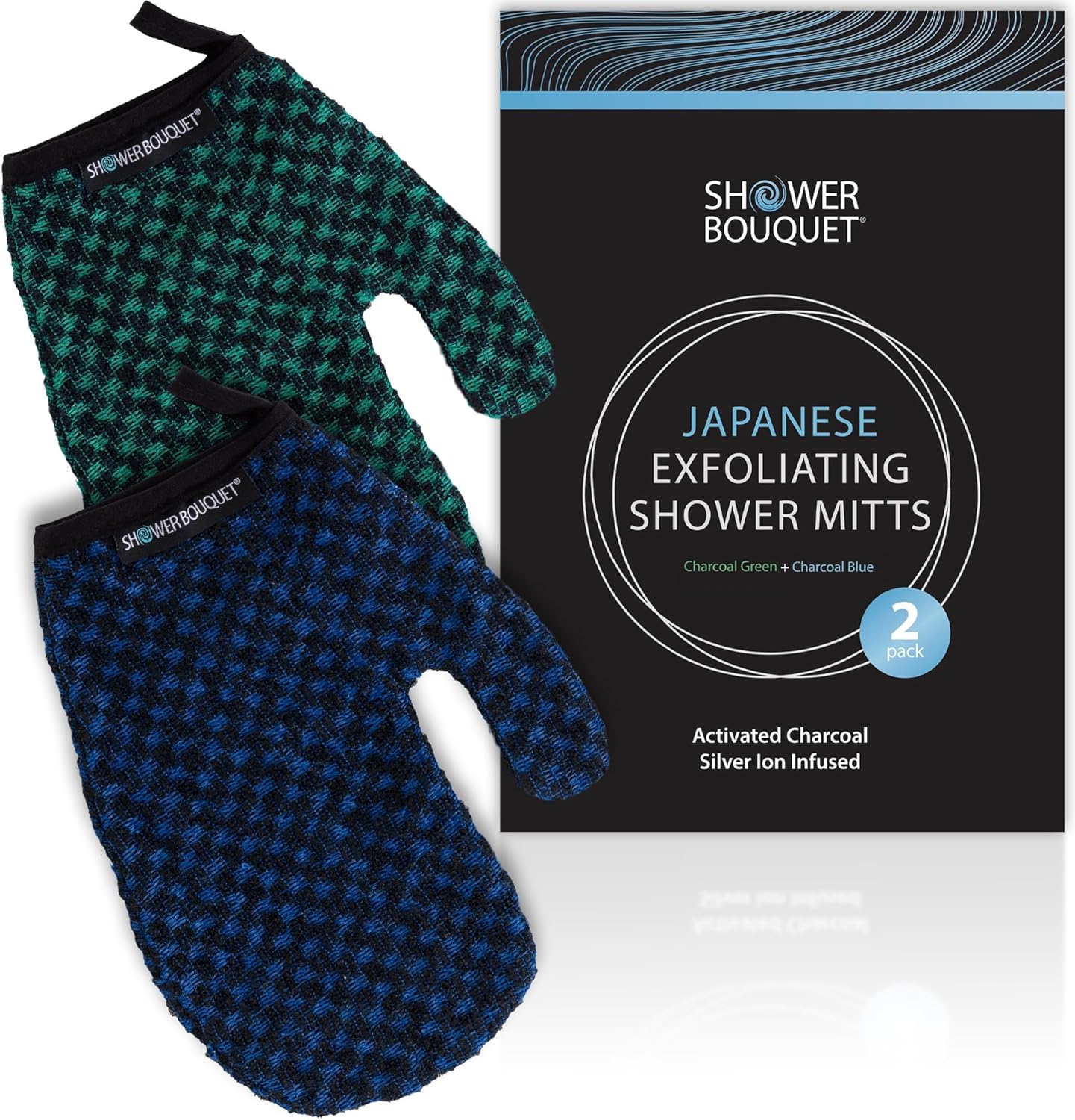 Japanese Exfoliating Mitt 2-Pack - Charcoal & Silver Ion Exfoliating Gloves for Shower - Soft Inner