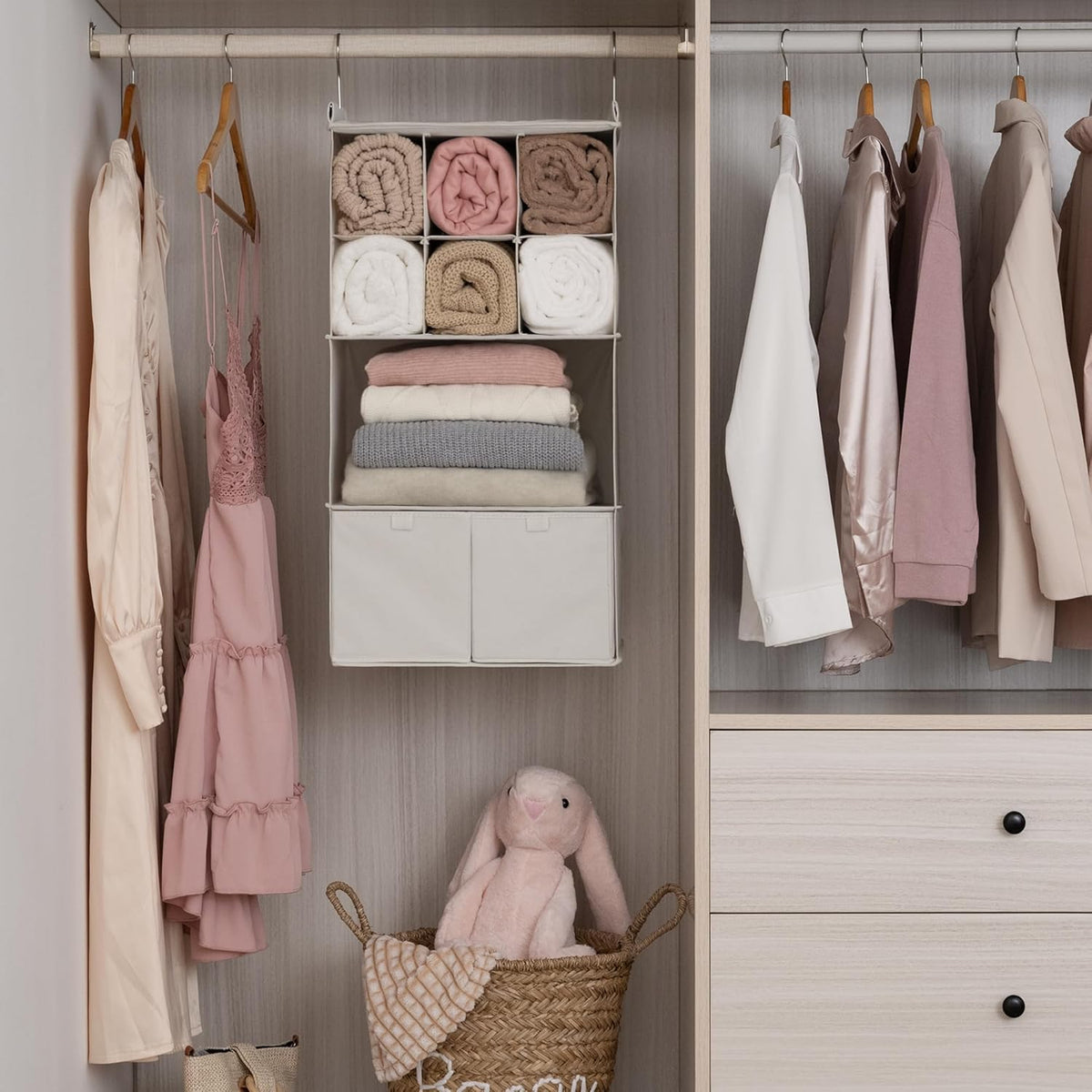 GRANNY SAYS Hanging Closet Organizer with Drawers, 4 Shelf Dividers Closet Hanging Organizer