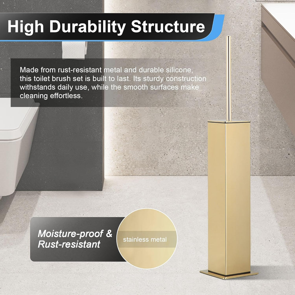 BVL Toilet Brush and Holder Set Gold Stainless Steel 304 Square Freestanding Toilet Brush for