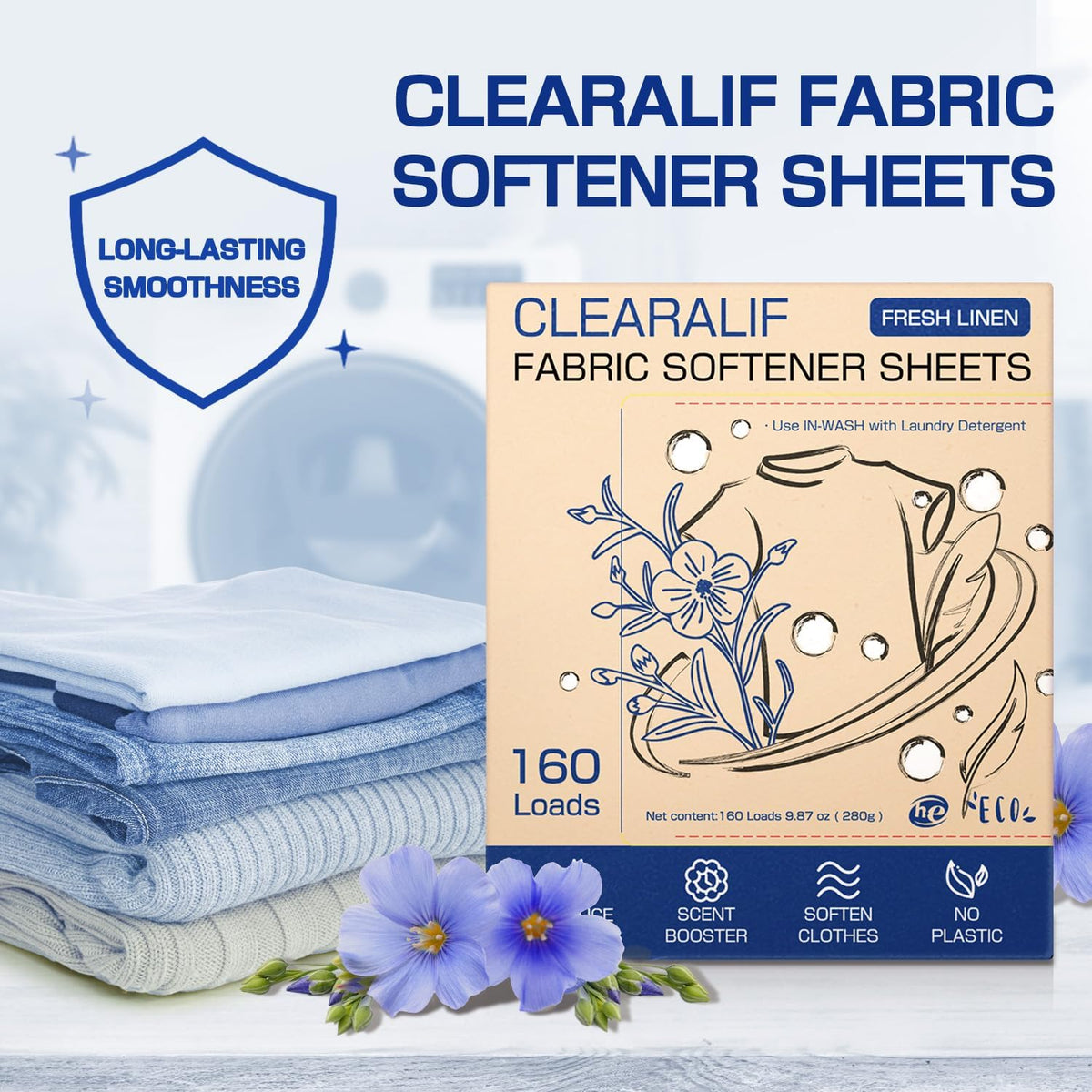 CLEARALIF laundry Fabric Softener Sheets, Fresh Linen Scent, 160 Loads, Eco Friendly, Great For