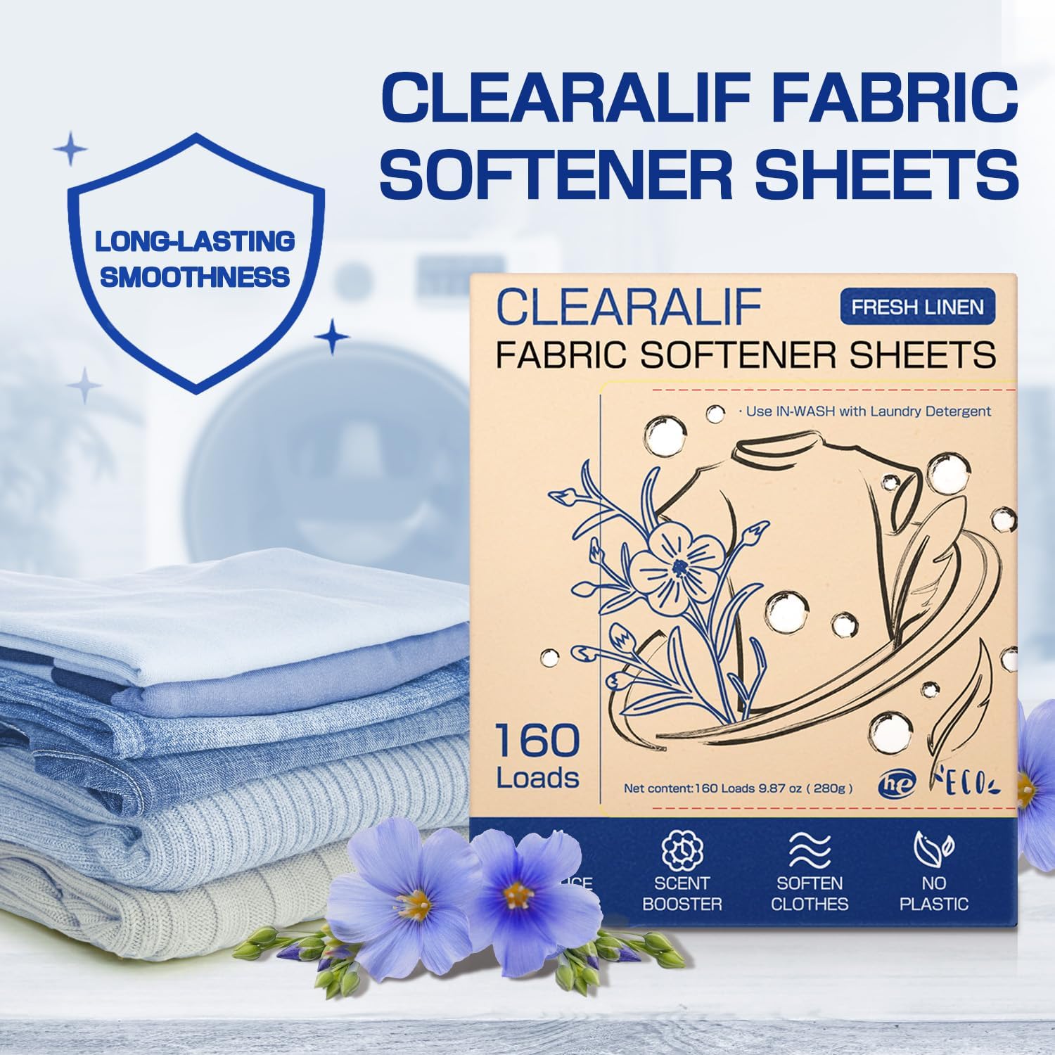 CLEARALIF laundry Fabric Softener Sheets, Fresh Linen Scent, 160 Loads, Eco Friendly, Great For