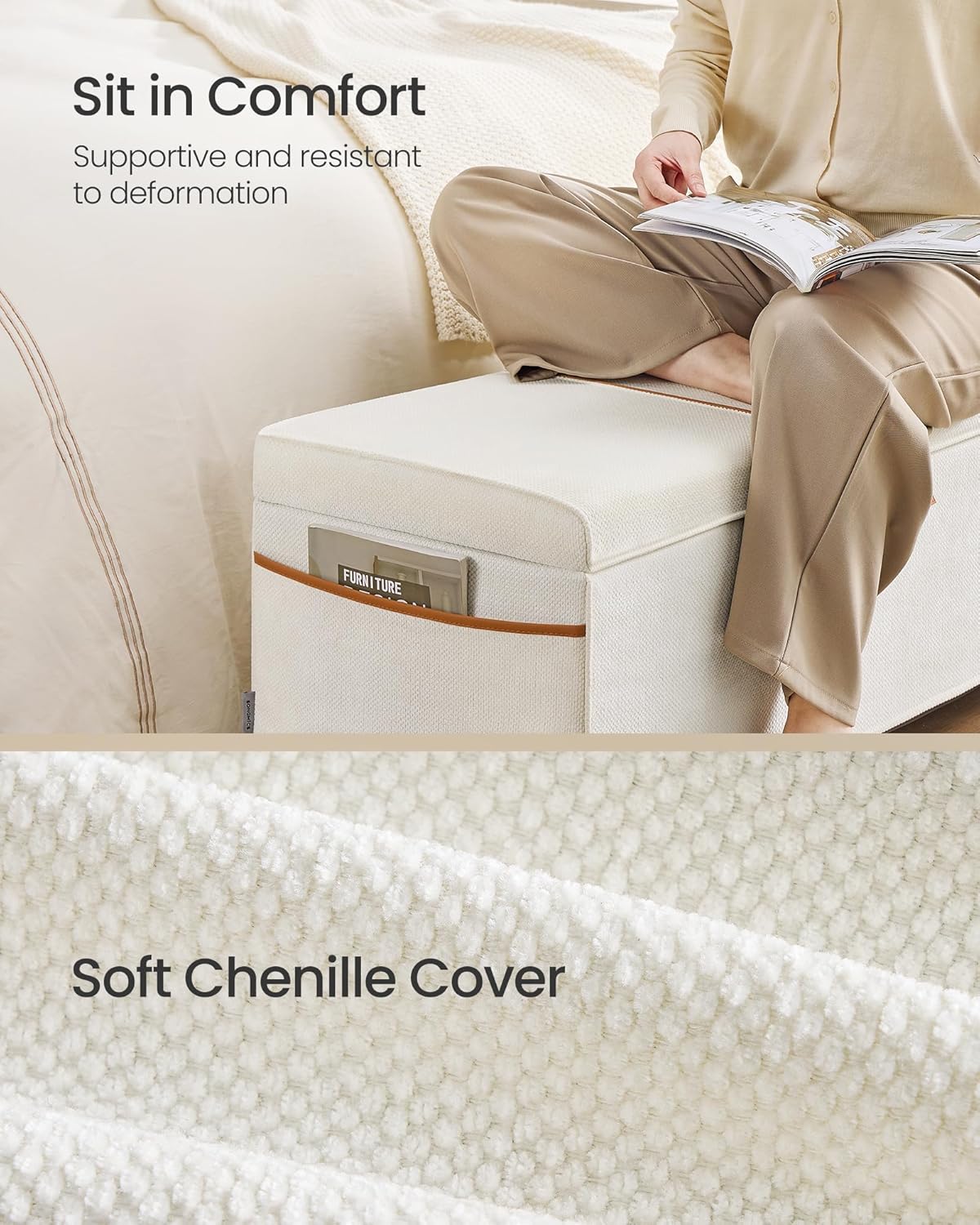 SONGMICS Storage Ottoman Bench, Storage Chest, 15.7 x 43.3 x 15.7 Inches, End of Bed Bench, 27 Gal.