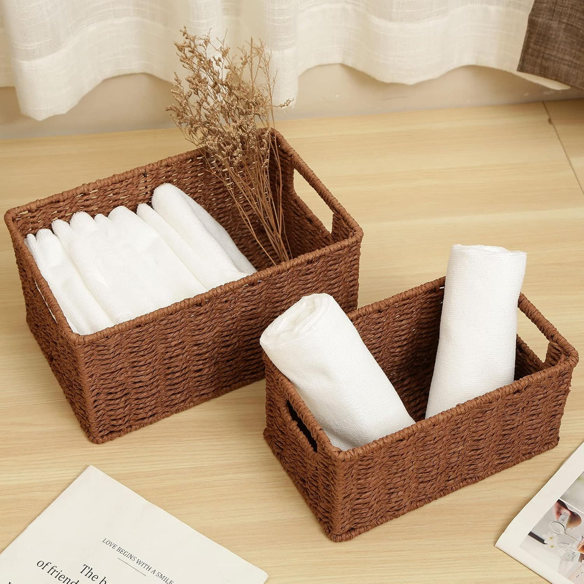 HOONEX Woven Baskets for Storage, Paper Rope Baskets with Sturdy Metal Wire Frame, Baskets for