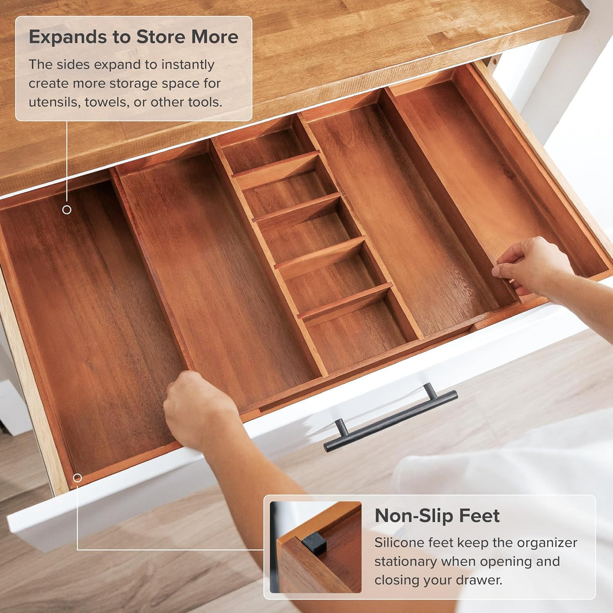 KitchenEdge Adjustable Kitchen Drawer Organizer for Utensils and Junk, Food-Safe Contract Grade