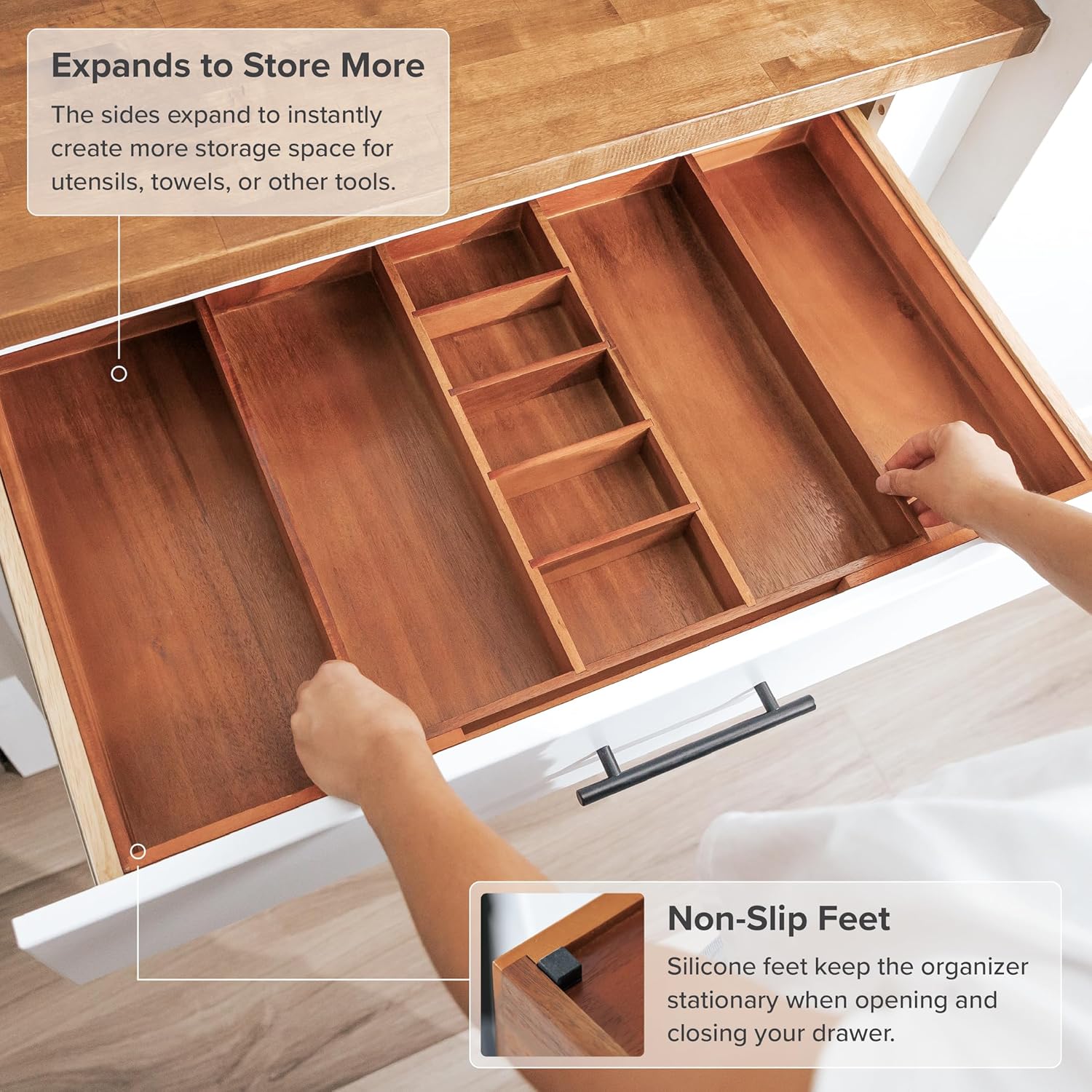 KitchenEdge Adjustable Kitchen Drawer Organizer for Utensils and Junk, Food-Safe Contract Grade