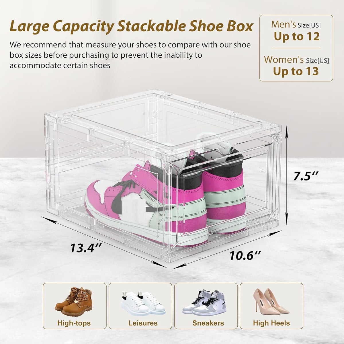 Mitees 10 Pack XX Large Thicken Sturdy Hard Plastic Clear Stackable Shoe Storage Boxes for Size 12