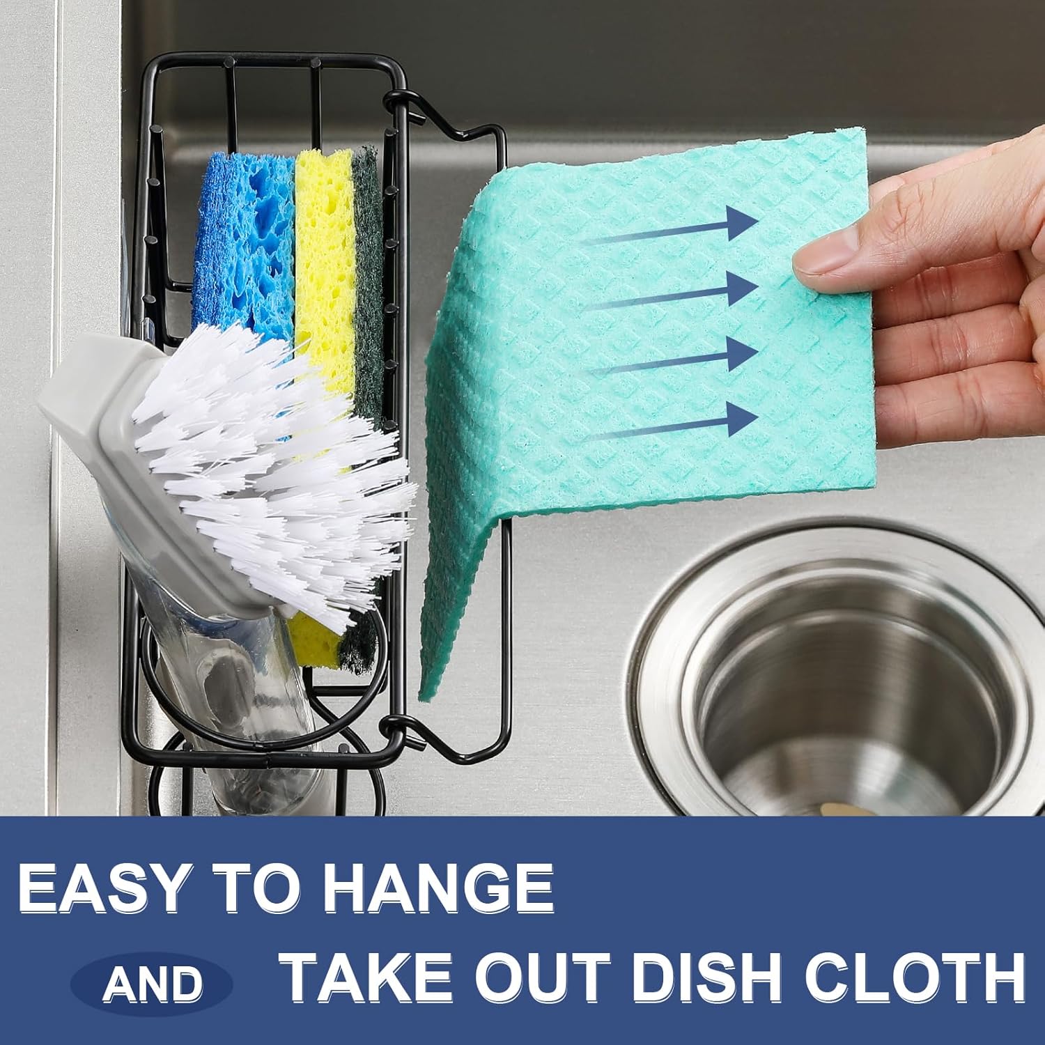 3-In-1 Sponge Holder for Kitchen Sink, 2 Type Suspension Options (Suction Cups & Adhesive Hook)