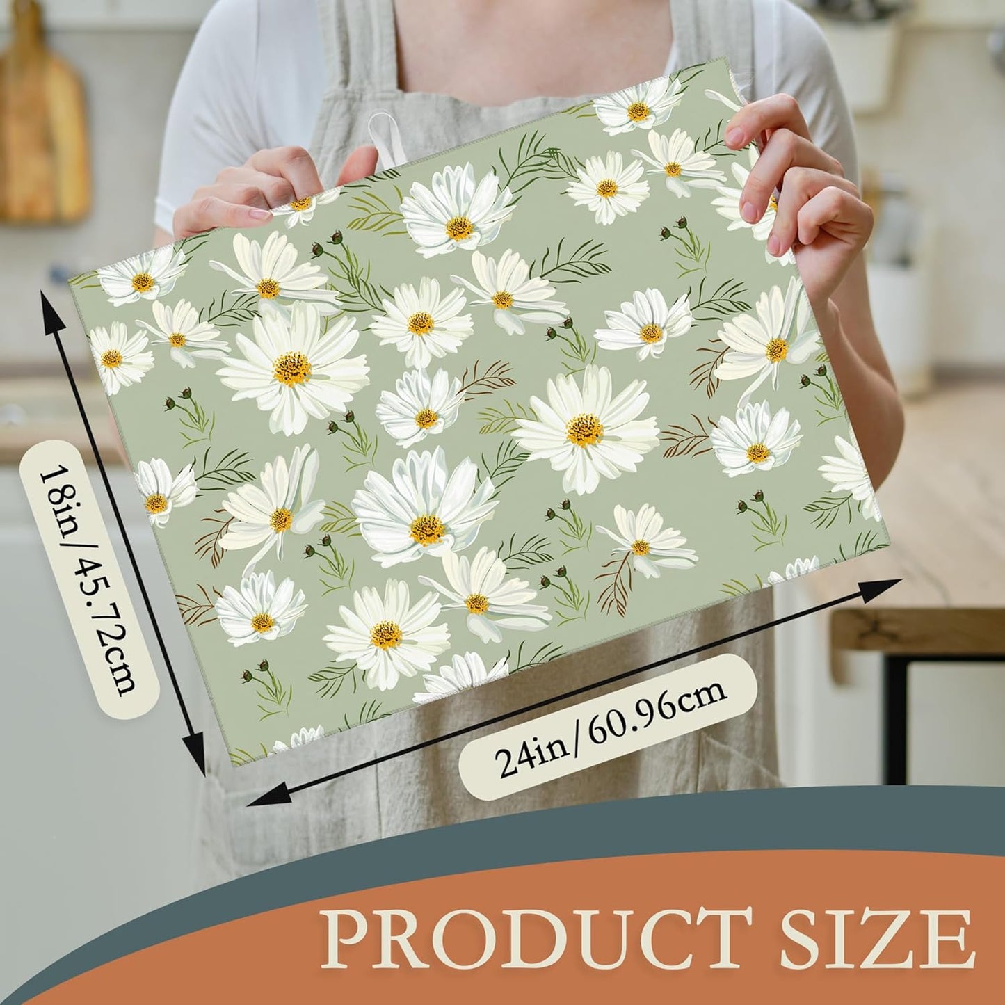 White Daisy Flowers Dish Drying Rack Mat for Kitchen Counter, Dish Drying Pad Absorbent Reversible