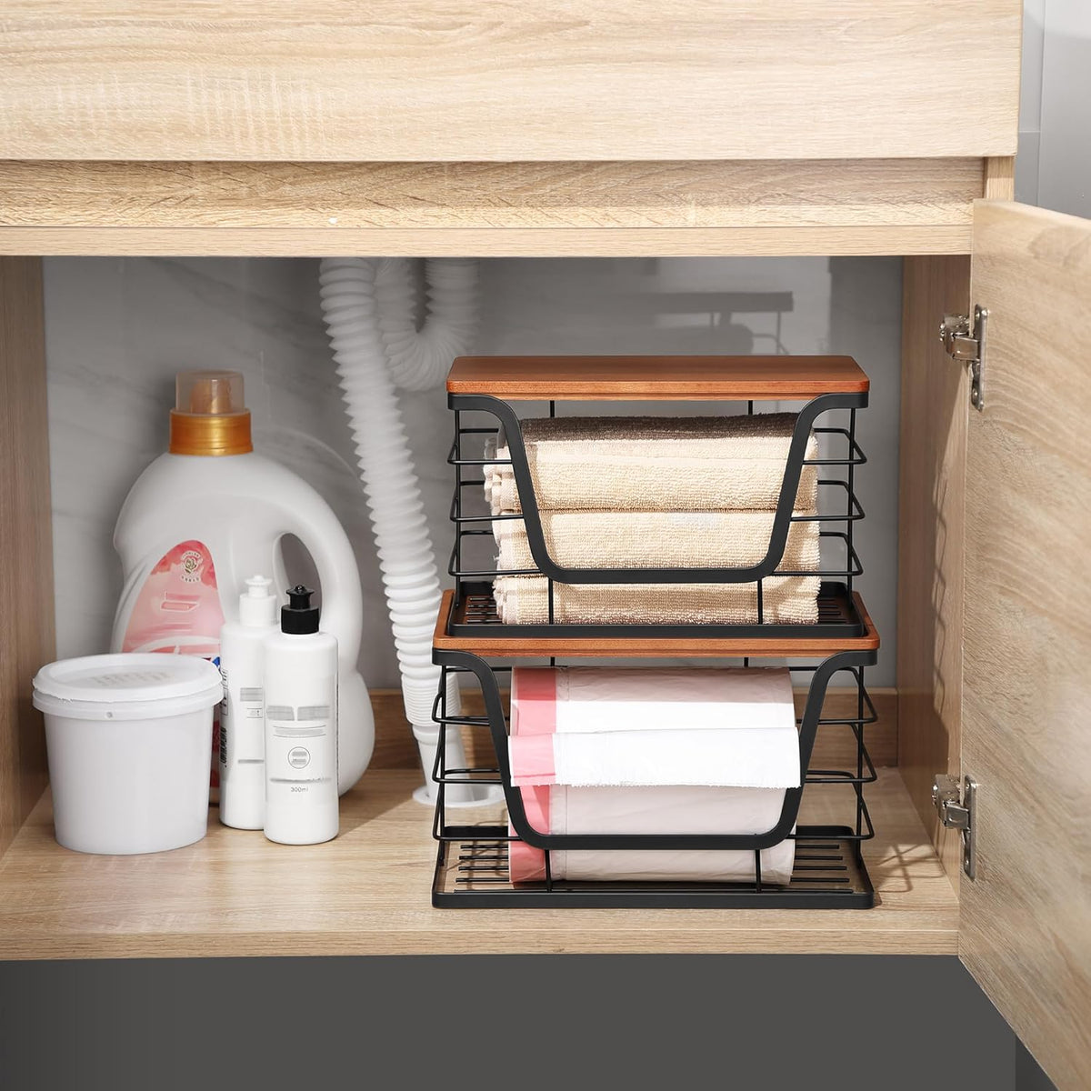 ALOCEO 2 Pack Stackable Storage Bins with Lids, Stainless Steel Extra Large Trash Bag Dispenser