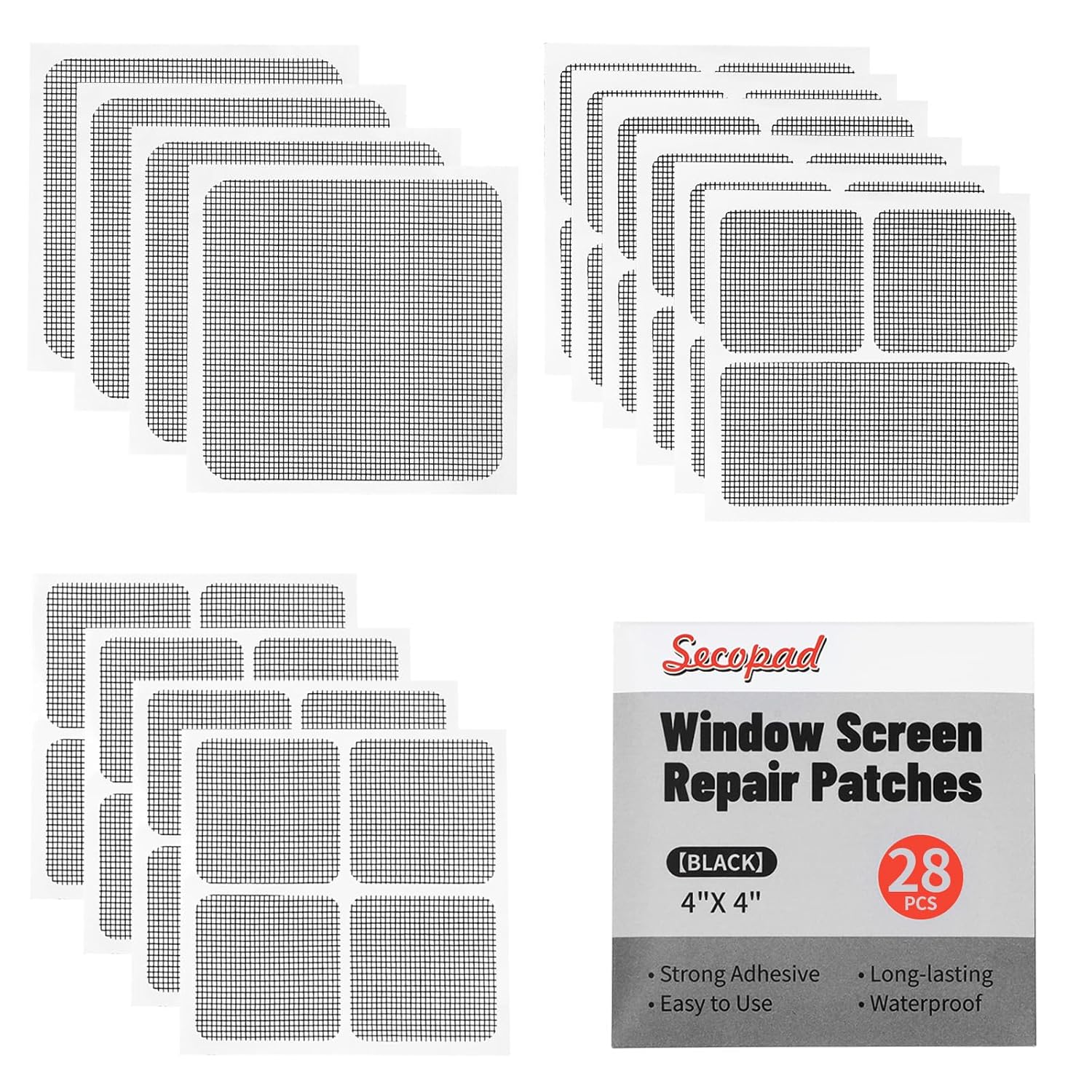 28 Sheets Window Screen Patches Repair Kit, Black 3 Sizes Window Screen Repair Kit for Mesh Screen