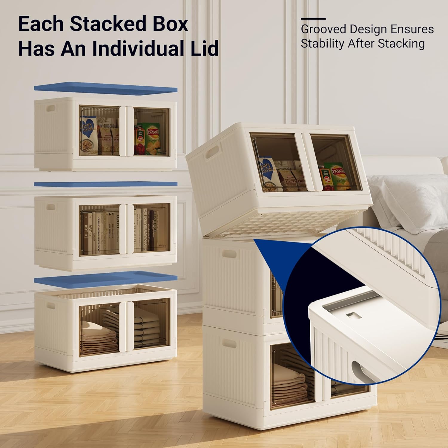 FLEXIMOUNTS 228 QT Stackable Storage Bins With Lids, Collapsible Plastic Storage Bins With Doors