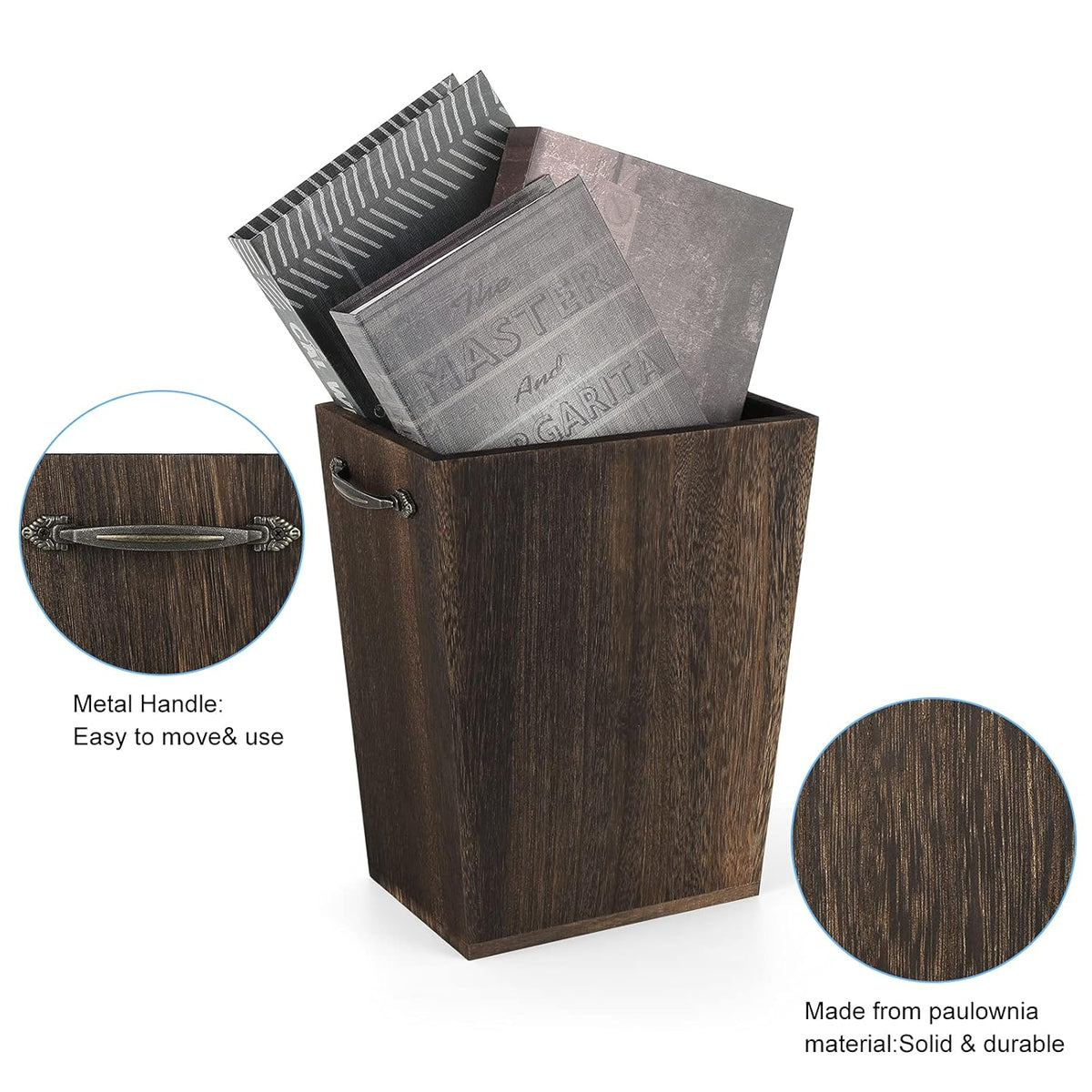 Trash Can Wastebasket Wood Garbage Container Bin with Built-in Double Metal Handles for Office