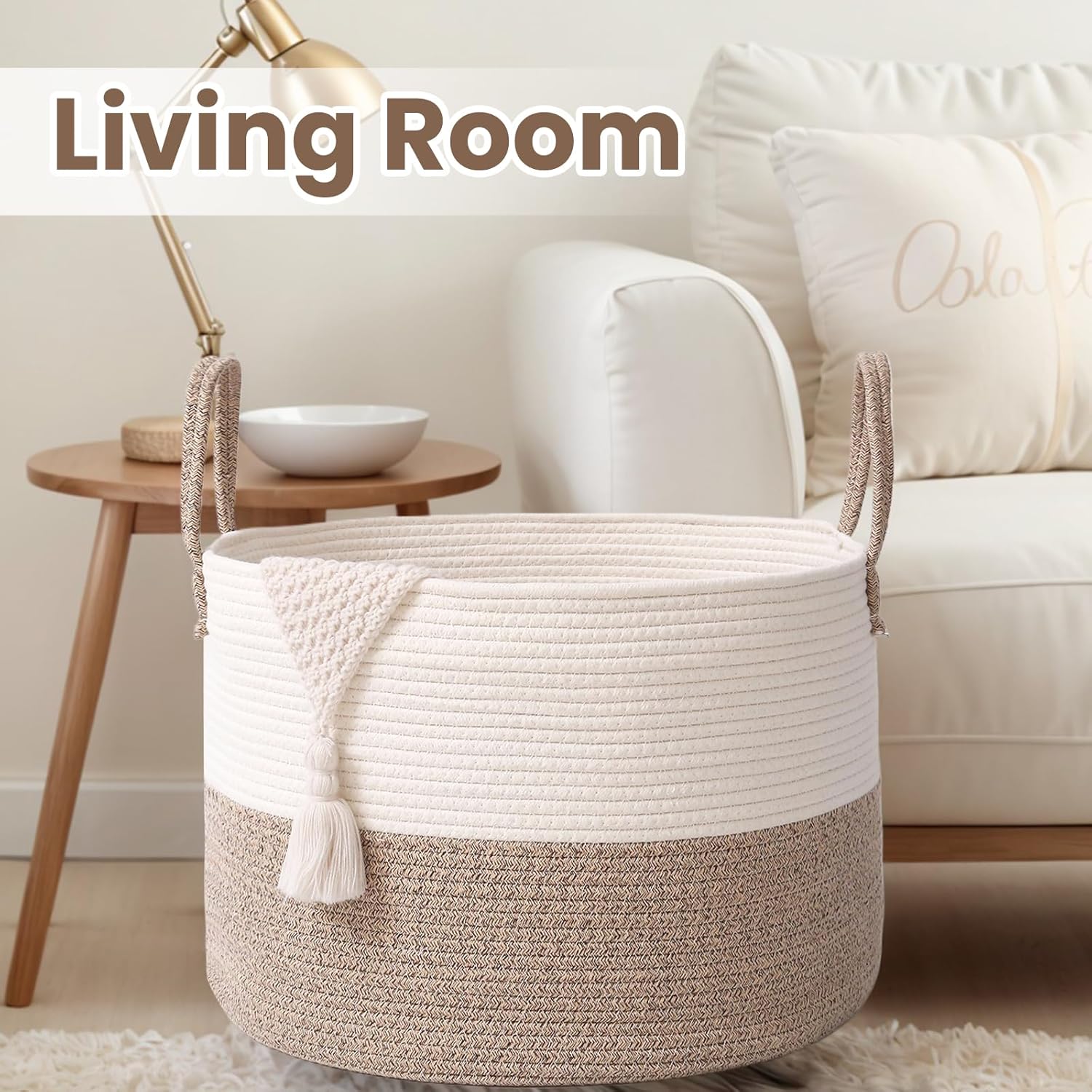 Woven Blanket Basket,65L Large Rope Storage Bin with Handles, Organizer for Blankets Toys Book and