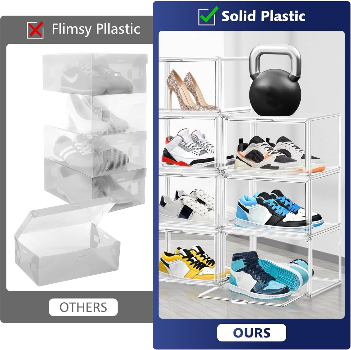 12 Pack Shoe Organizer Clear Plastic Stackable Shoe Storage Boxes with Magnetic Lid Acrylic Display