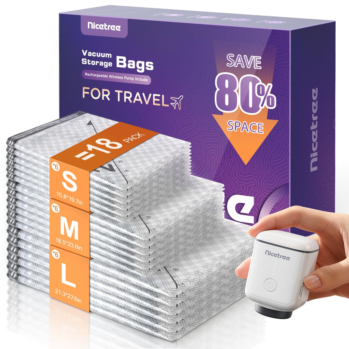 Nicetree 18-Pack Vacuum Bags for Travel with Rechargeable Pump, 3 Sizes