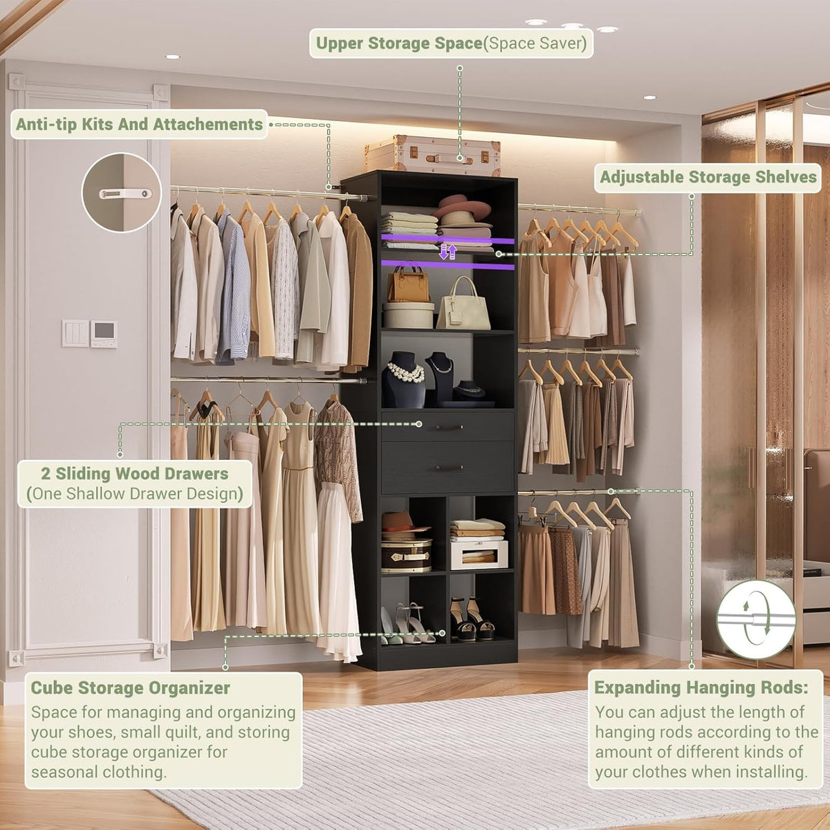 Closet System, 4-8 FT Closet Organizer Tower with 2 Wooden Drawers and Shelves, Can Fit 60 to 96