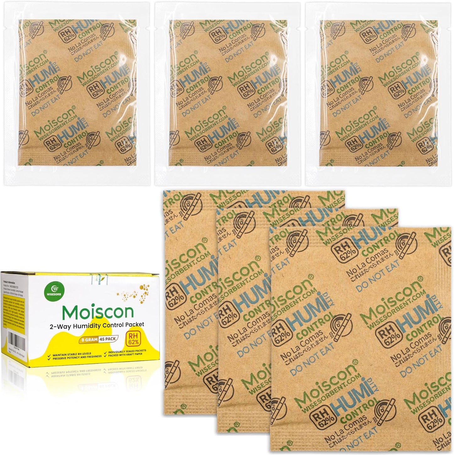 45 Pack 62% RH 8 Gram Two-Way Humidity Control Packs for Storing 1 oz, Size 8 Moisture Control
