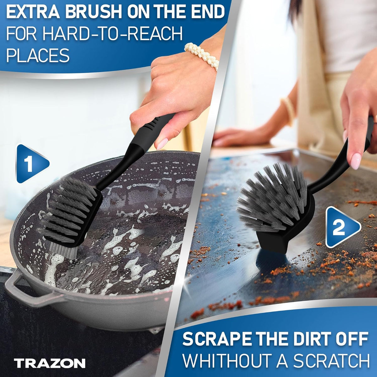 Dish Brush Set of 5 with Holder - Kitchen Scrub Brushes with Non-Slip Long Handle for Cleaning