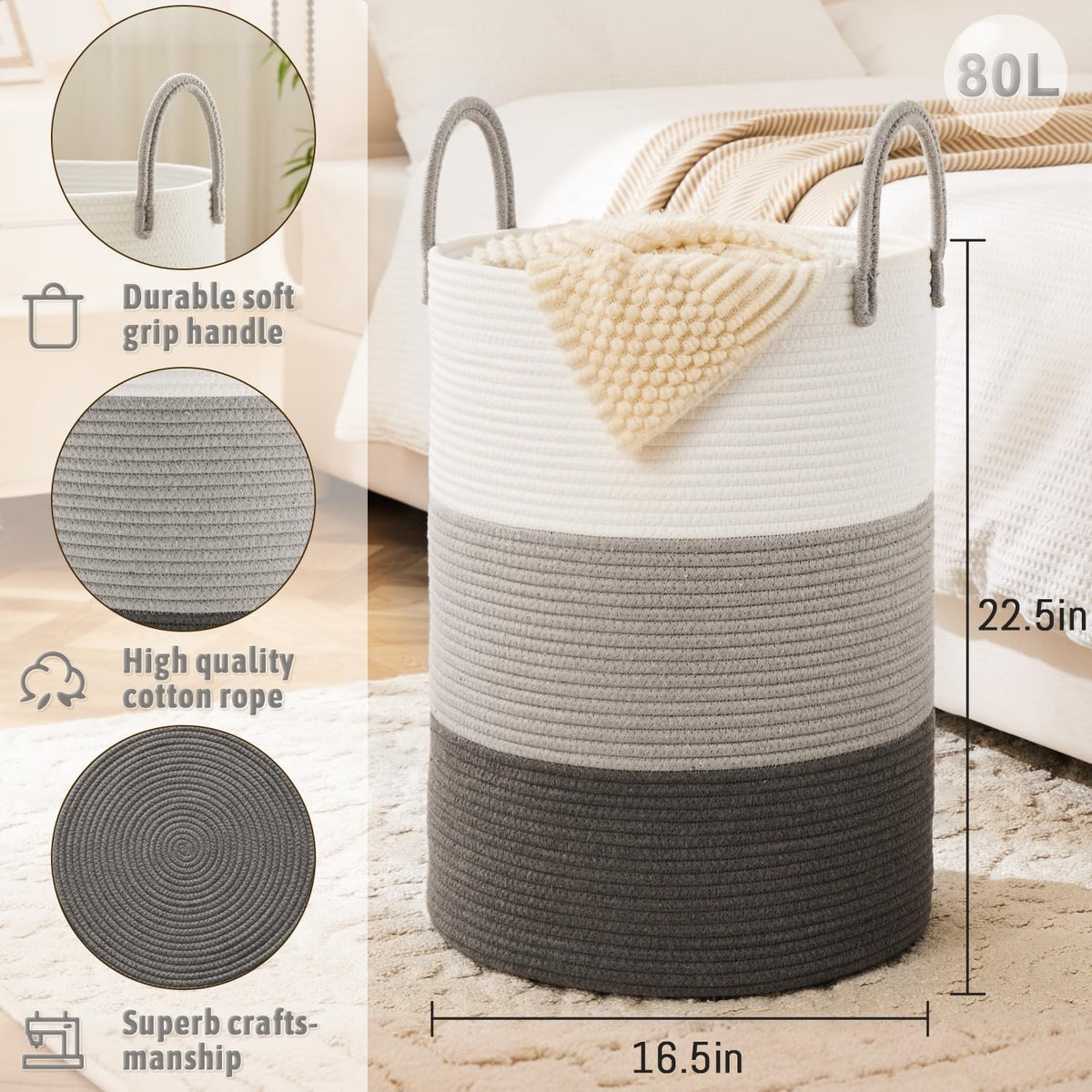 Laundry Basket,Woven Cotton Rope Laundry Hamper,80L for Decorative Storage of Dirty Clothes,Toys