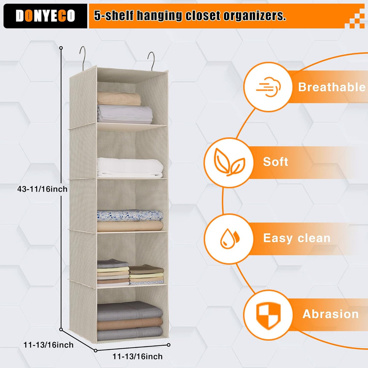 Hanging Closet Organizer, Easy Mount Foldable 5-Shelf Hanging Closet Wardrobe Storage Shelves