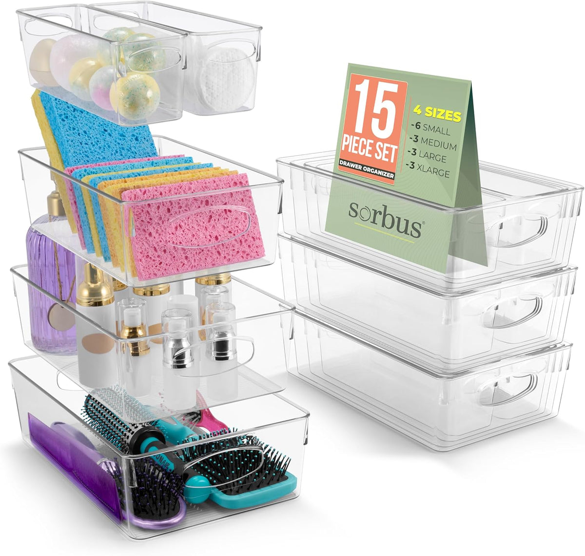 Sorbus Clear Plastic Storage Bins for Organizing, 15 Pack Clear Organizer Bins with Handles