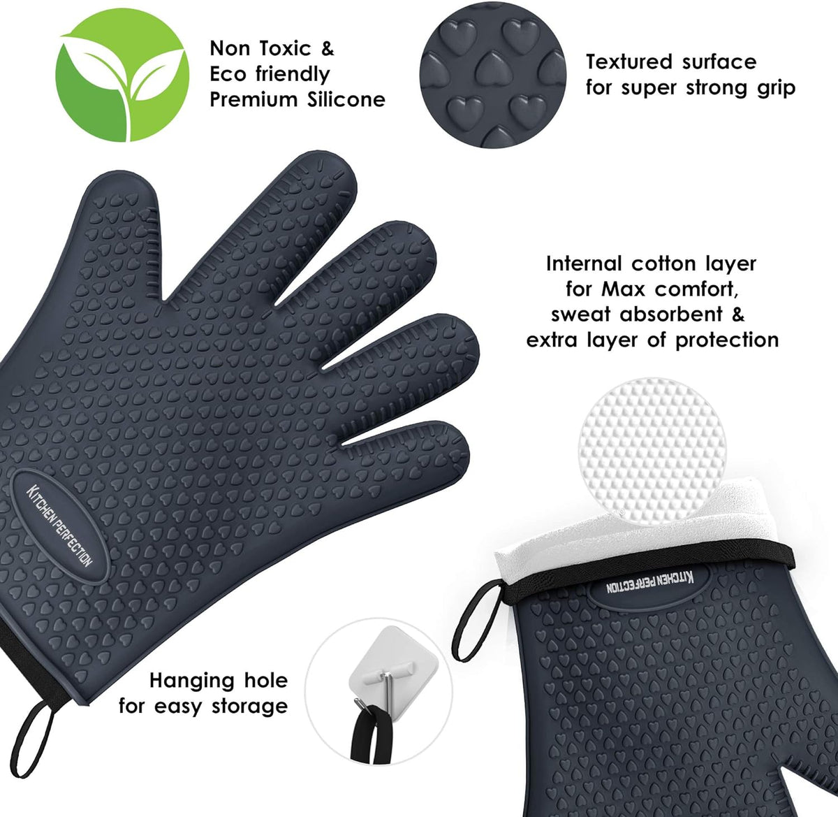 KITCHEN PERFECTION XL Silicone Smoker Oven Gloves-Extreme Heat Resistant BBQ Gloves-Handle Hot Food