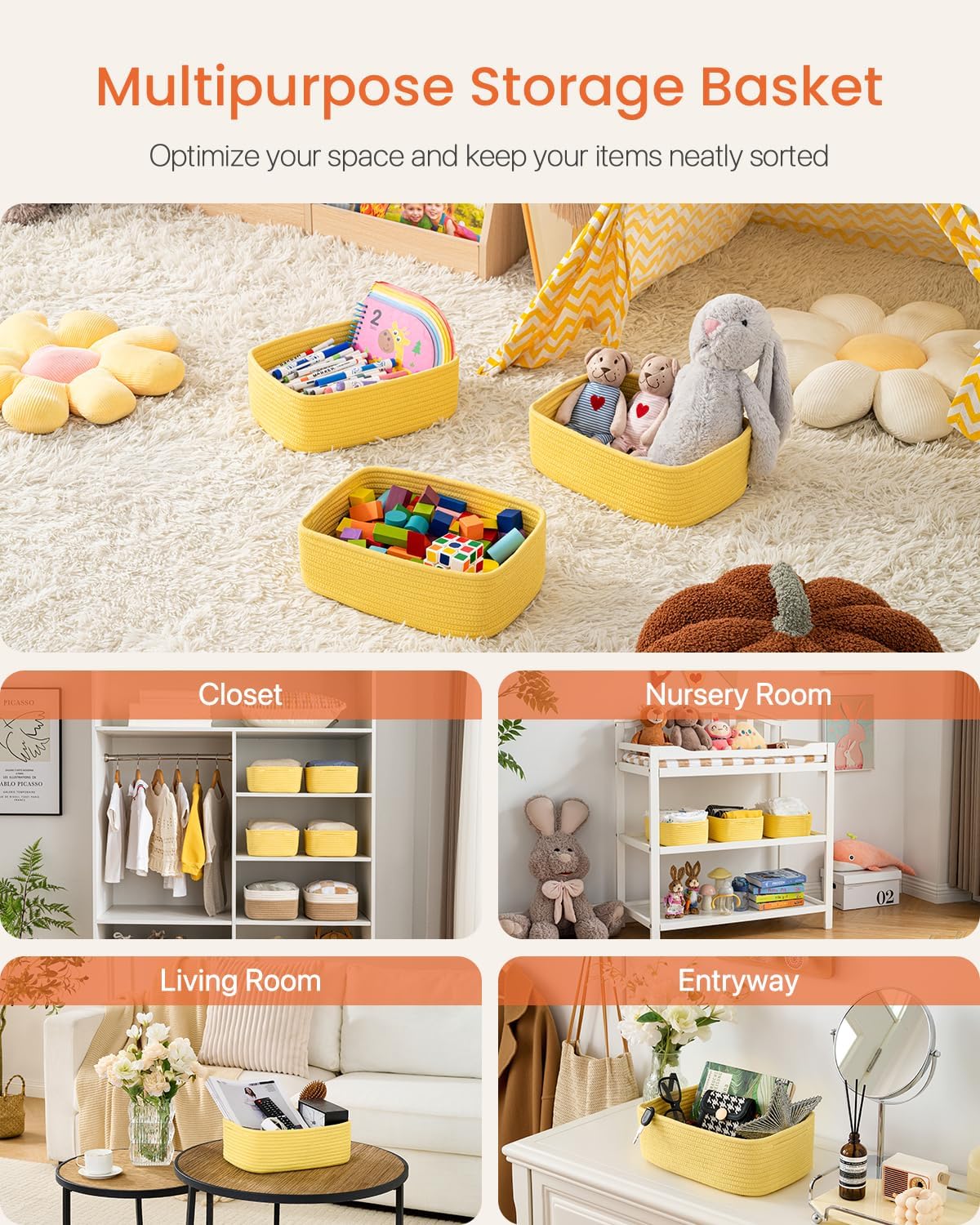 Small Woven Basket, 12 x 8 x 4.5 Inches, Storage Basket for Organizing, Cute Small Rope Shelf