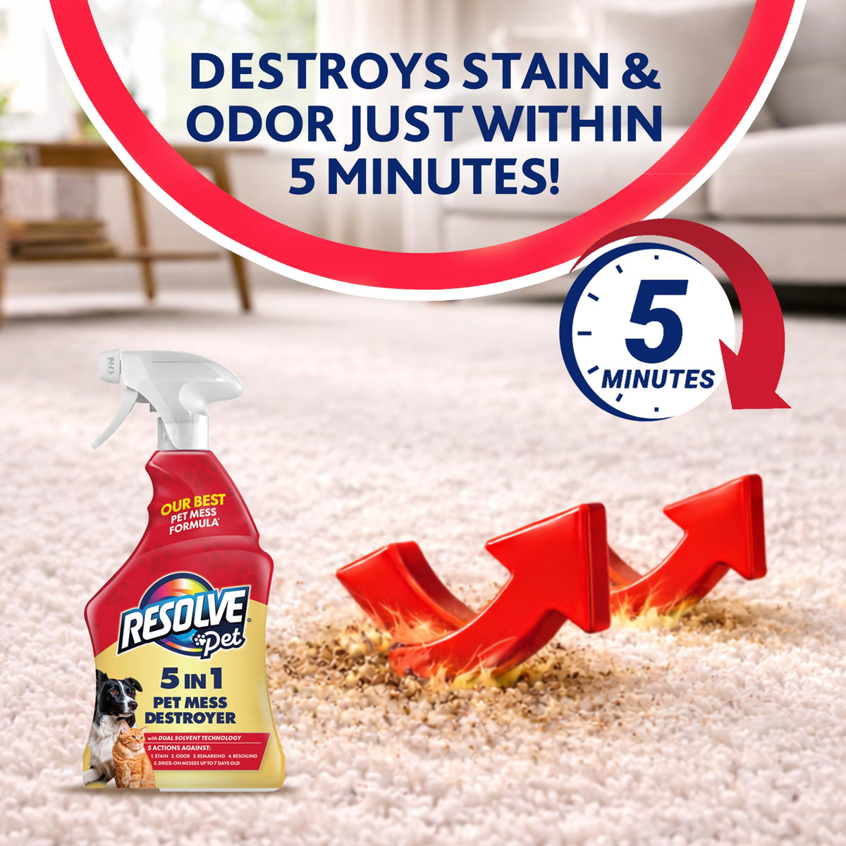Resolve 5-in-1 Carpet Cleaner Spray – for Removal of Pet Stains & Odors Up to 7 Days Old, 22oz