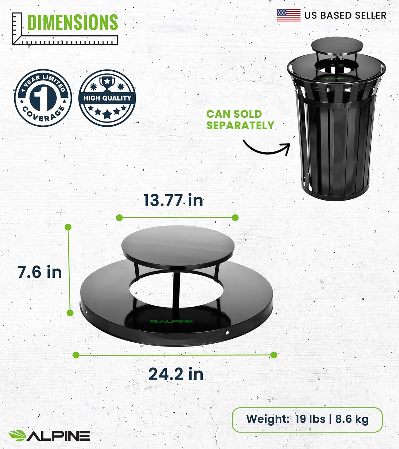 Trash can Lid for Alpine Commercial Outdoor Trash Can - Weather Resistant Round Metal Trash Can