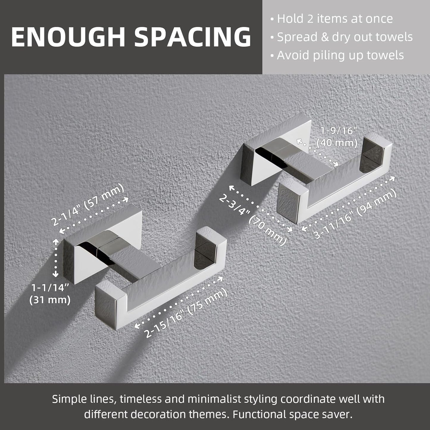 Angle Simple Double Towel Hooks, SUS 304 Stainless Steel Robe Coat Wall Hooks for Bathroom